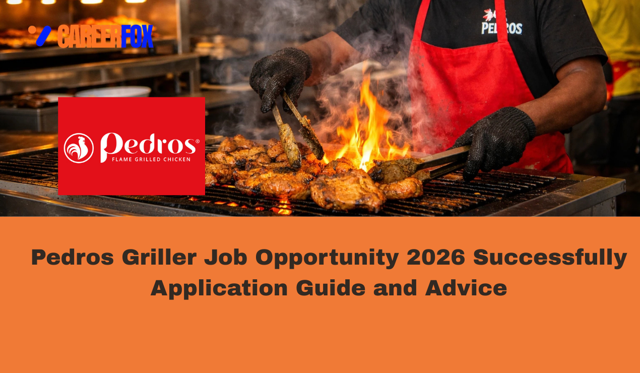 The image displays a guide for applying to a Griller position at Pedros Flame Grilled Chicken for 2026.